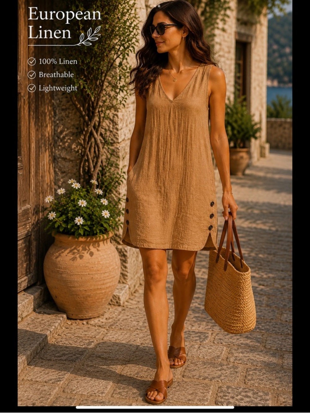 Tahari 100% Linen Shift Dress Coastal Minimalist Sleeveless Tunic Dress